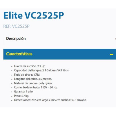 ASPIRADORA ELITE 2.5HP * 2.5GLS VC2525P